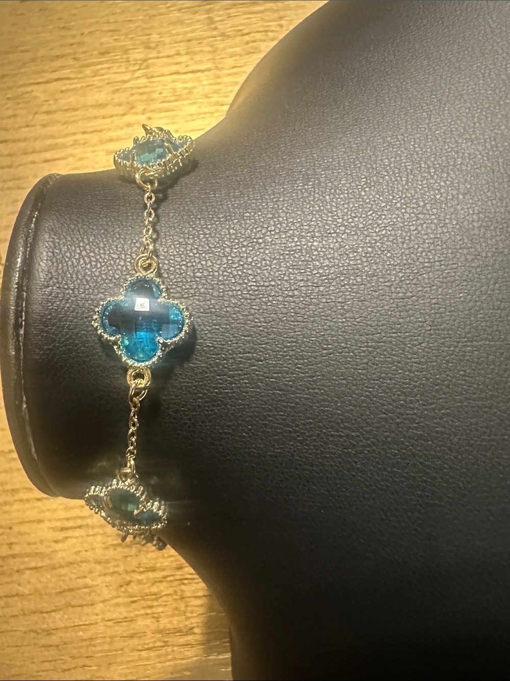 Gold Bracelet with Blue Clover Gem Accents 2in Extender